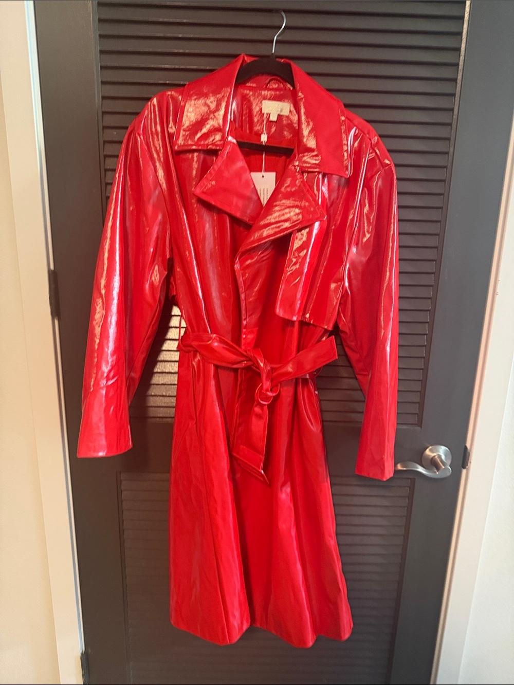 Torn by Ronny Kobo Red Patent Trench Coat with Tie Waist